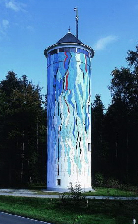 Domes-1 Wasserturm Eriskirch, 2001, Wandmalerei, Acrylwandfarben auf Beton, Höhe 30,5 m, Durchmess - [kl]